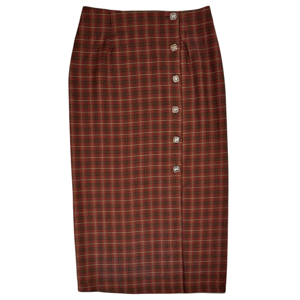90s Brown Plaid Button Front Maxi Skirt 9/10 Fit Sz 8 Western Academia Heritage